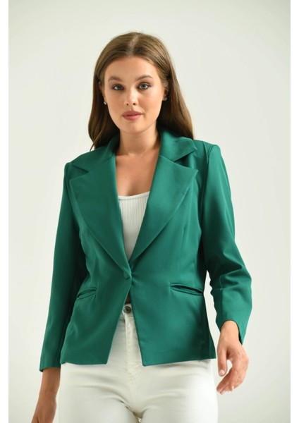 Kadın Blazer Ceket Bel Boy Vatkalı Tek Düğmeli Blazer Yeşil - T026