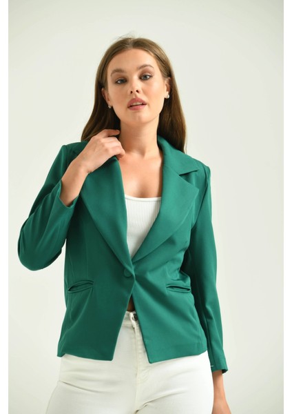 Kadın Blazer Ceket Bel Boy Vatkalı Tek Düğmeli Blazer Yeşil - T026 fiyatları