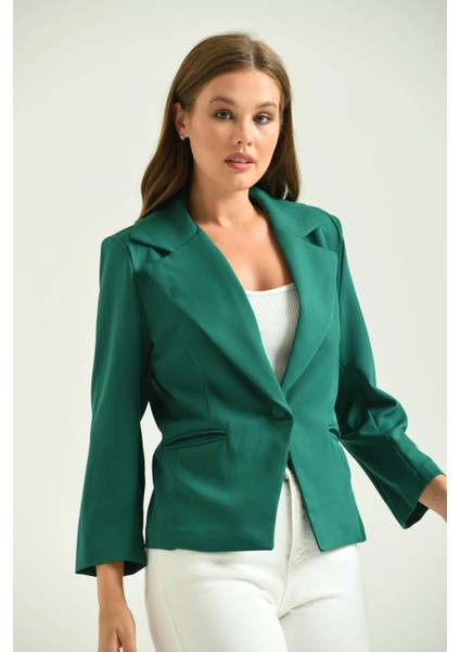 Kadın Blazer Ceket Bel Boy Vatkalı Tek Düğmeli Blazer Yeşil - T026 modelleri