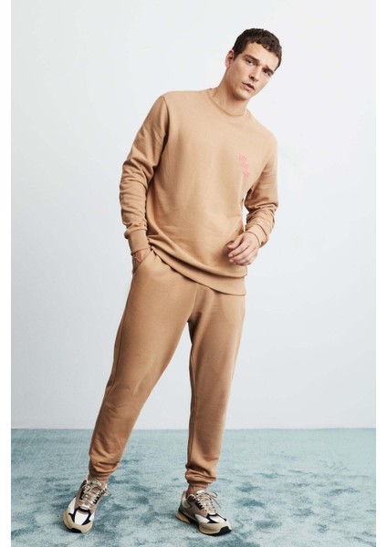 Franklın Erkek Regular Fit Baskılı Içi Polarsız Kahverengi Sweatshirt