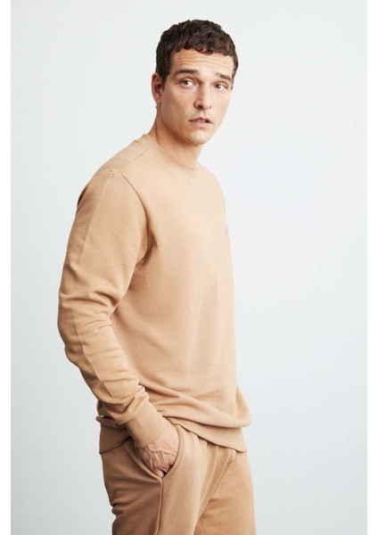 Franklın Erkek Regular Fit Baskılı Içi Polarsız Kahverengi Sweatshirt