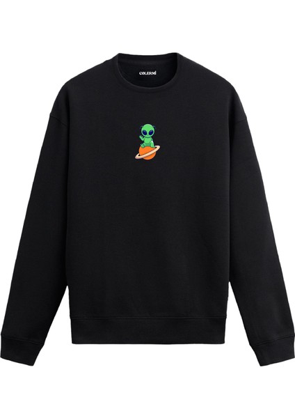 Gezegen Üzerinde Uzaylı Tasarım Baskılı Unisex Sweatshirt