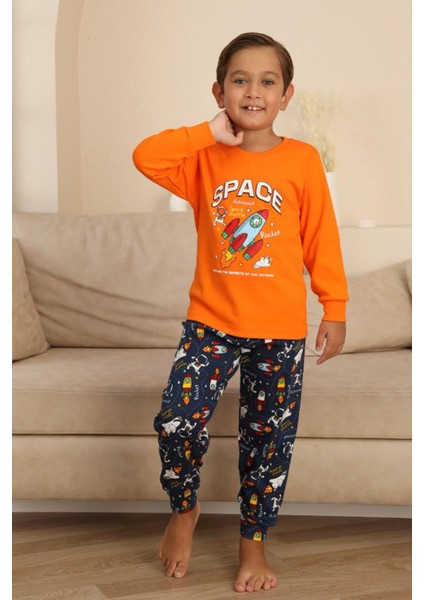 Space Baskılı Erkek Çocuk Pijama takımı - Turuncu
