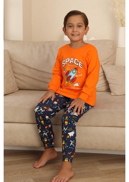 Space Baskılı Erkek Çocuk Pijama takımı - Turuncu modelleri