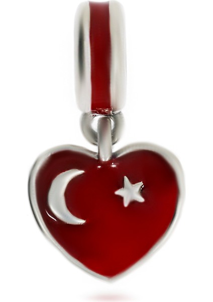 Türk Bayrağı Model Kalp Detay Gümüş Charm fiyatları