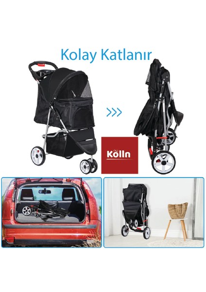 Kölln Evcil Hayvan Arabası Siyah – Katlanabilir, Fileli, Kedi ve Küçük Köpek Taşıma Puseti