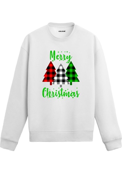 Ekose Ağaçlı Merry Christmas Tasarım Baskılı Unisex Sweatshirt