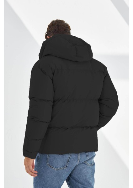 Su ve Rüzgar Geçirmez Kapüşonlu Şişme Siyah Erkek Mont 2182 fırsatları