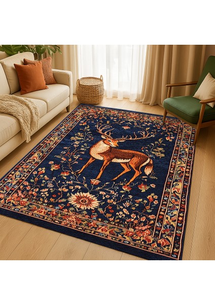 Hayvan Desenli Bohem Halı, Lacivert Zemin