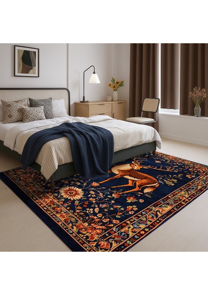 Hayvan Desenli Bohem Halı, Lacivert Zemin modelleri