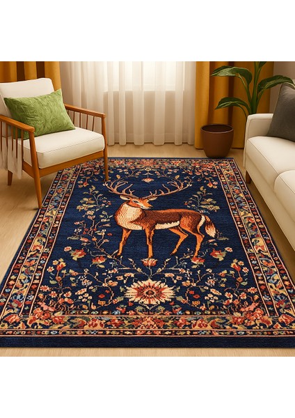 Hayvan Desenli Bohem Halı, Lacivert Zemin