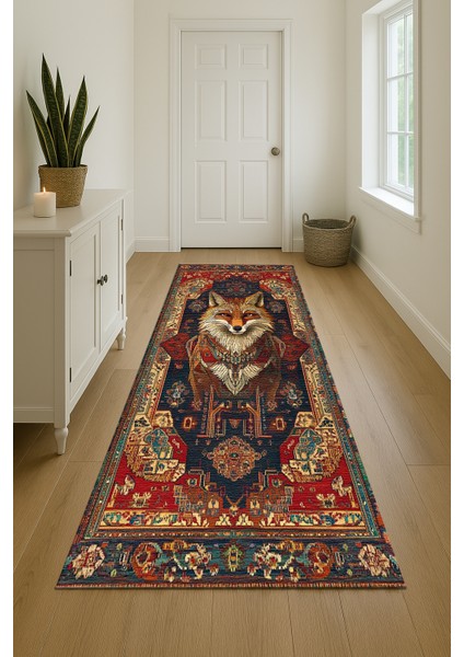 Bohem Halı, Lacivert Kırmızı Hayvan Motifli, Kaymaz Taban, Yumuşak Dokulu