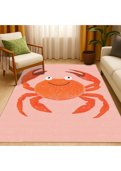 Pembe Zeminli Yengeç Desenli Çocuk Odası Halısı, Kaymaz Taban, Eğlenceli ve Dekoratif fiyatları