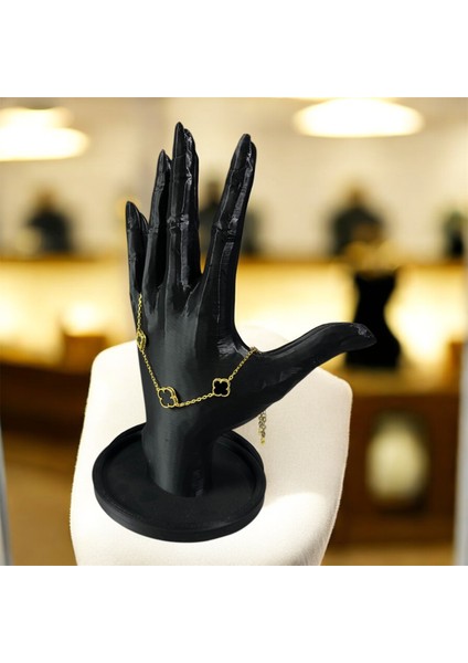 925 Ayar Gümüş Altın Kaplama Siyah Taşlı Şanslı Yonca Van Cleef Minimal Bileklik