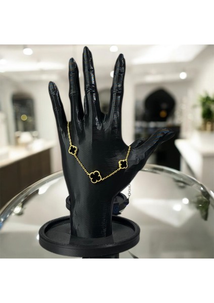 925 Ayar Gümüş Altın Kaplama Siyah Taşlı Şanslı Yonca Van Cleef Minimal Bileklik modelleri