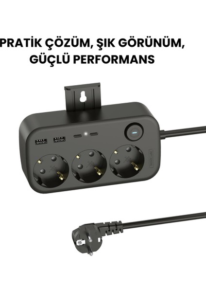 3’lü Akım Korumalı Priz | 2 USB + 2 Type-C Girişli | Anahtarlı ve Duvara Monte Edilebilir Uzatma Kablosu – Siyah
