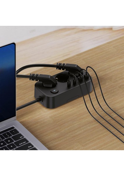 3’lü Akım Korumalı Priz | 2 USB + 2 Type-C Girişli | Anahtarlı ve Duvara Monte Edilebilir Uzatma Kablosu – Siyah modelleri