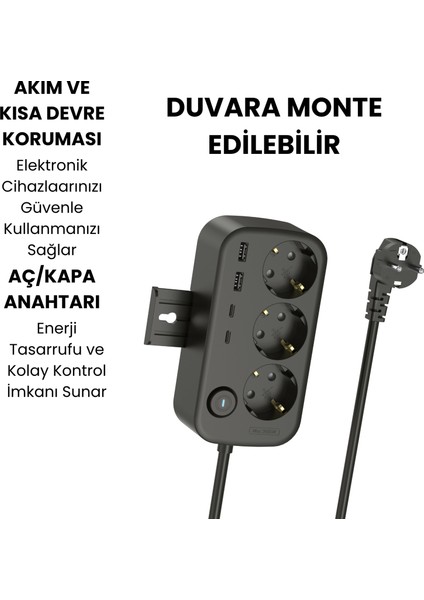 3’lü Akım Korumalı Priz | 2 USB + 2 Type-C Girişli | Anahtarlı ve Duvara Monte Edilebilir Uzatma Kablosu – Siyah indirimleri