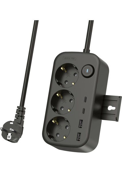 3’lü Akım Korumalı Priz | 2 USB + 2 Type-C Girişli | Anahtarlı ve Duvara Monte Edilebilir Uzatma Kablosu – Siyah