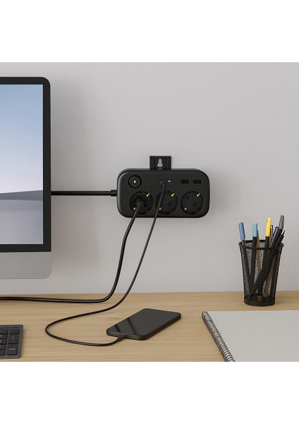 3’lü Akım Korumalı Priz | 2 USB + 2 Type-C Girişli | Anahtarlı ve Duvara Monte Edilebilir Uzatma Kablosu – Siyah