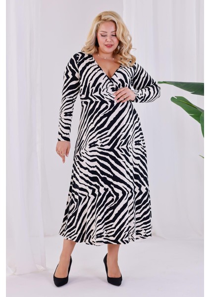 Kadın Siyah Beyaz Zebra Desen Kruvaze Yaka Büyük Beden Esnek Maxi Elbise modelleri