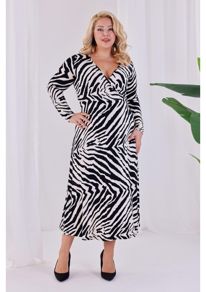 Kadın Siyah Beyaz Zebra Desen Kruvaze Yaka Büyük Beden Esnek Maxi Elbise indirimleri
