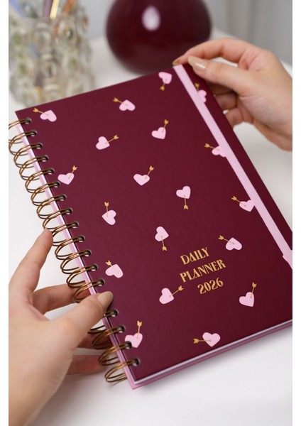 2026 Yılı Günlük Spiralli Ajanda 16X24 cm - 12 Aylık Kalpler