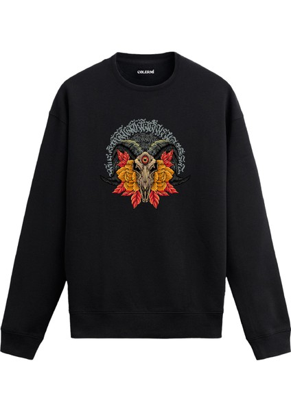 Boynuzlu Kurukafa Etnik Yaprak Tasarım Baskılı Unisex Sweatshirt