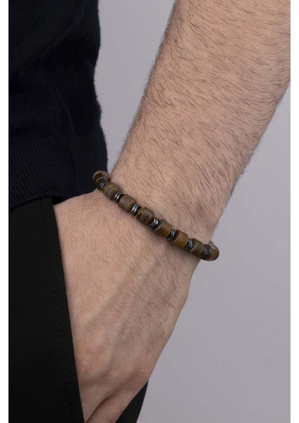 Silindir Kesim Kaplan Gözü Klasik Model Erkek Doğal Taş Bilekik