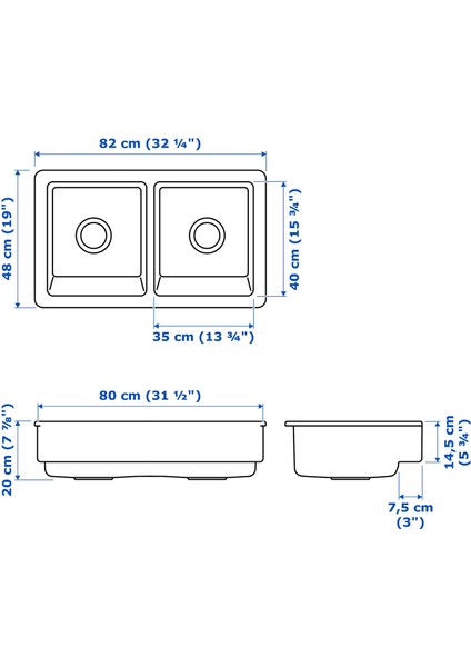 Çift Gözlü Eviye, Beyaz, 82X48 cm fiyatları