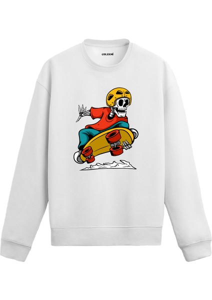 Kaykaycı Iskelet Tasarım Baskılı Unisex Sweatshirt