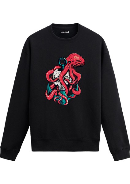 Ahtapot Sarılmış Kurukafa Tasarım Baskılı Unisex Sweatshirt