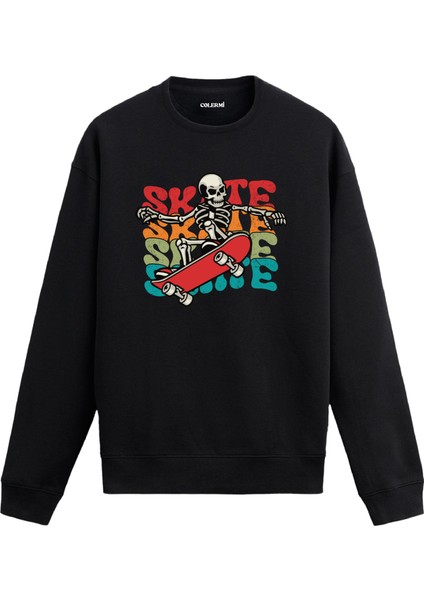 Kaykaycı Iskelet Tasarım Baskılı Unisex Sweatshirt