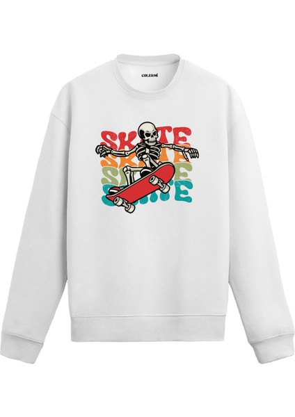 Kaykaycı Iskelet Tasarım Baskılı Unisex Sweatshirt