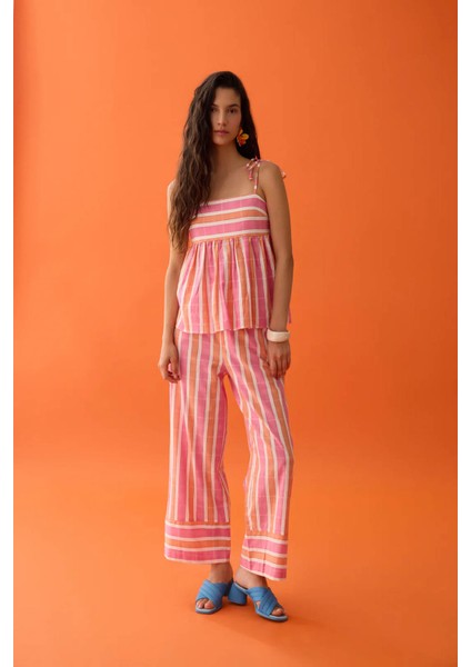 Bol Paça Çizgili Pembe Kadın Pantolon PNT00531