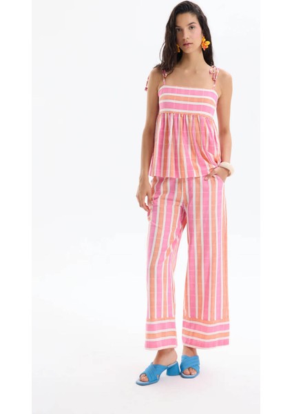 Bol Paça Çizgili Pembe Kadın Pantolon PNT00531 modelleri