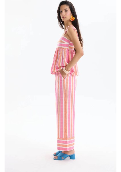 Bol Paça Çizgili Pembe Kadın Pantolon PNT00531 fırsatları