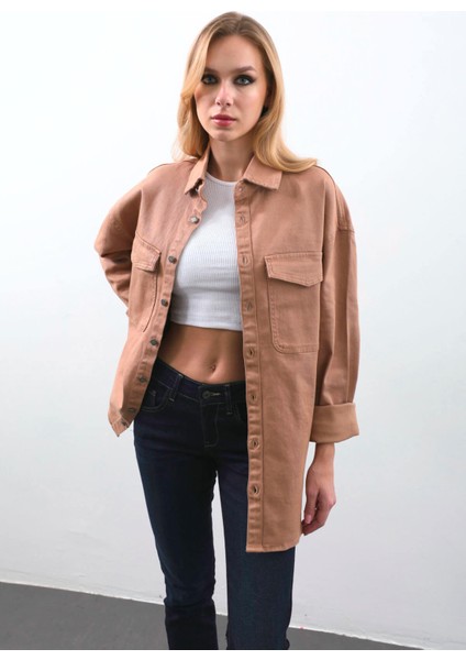 Kadın Oversize Jean Gömlek Bej