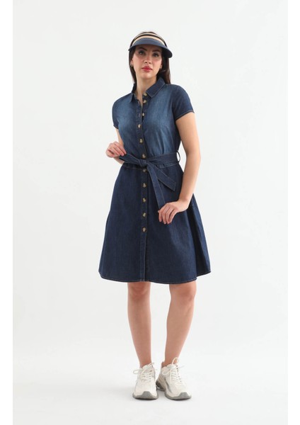 Markapia Kemer Detaylı Düğmeli Jean Elbise Mavi