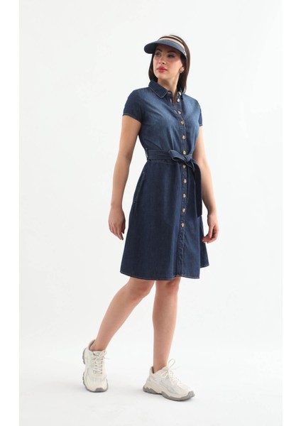 Markapia Kemer Detaylı Düğmeli Jean Elbise Mavi