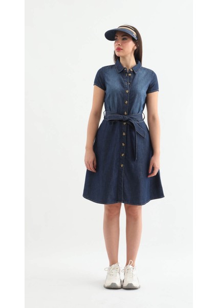 Markapia Kemer Detaylı Düğmeli Jean Elbise Mavi