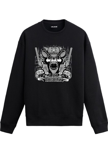 “ı Am The Law” Temalı Kurukafa Tasarım Baskılı Unisex Sweatshirt