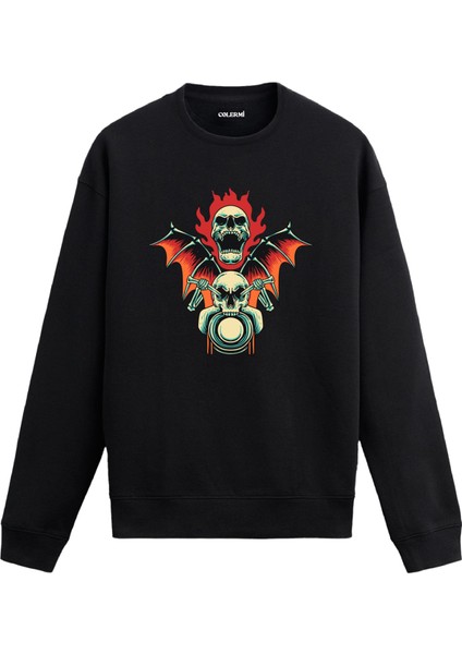 Alevli Kanatlı Kurukafa Tasarım Baskılı Unisex Sweatshirt