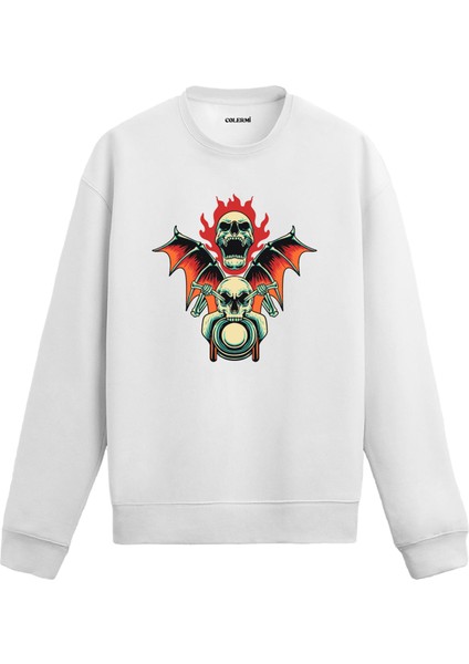 Alevli Kanatlı Kurukafa Tasarım Baskılı Unisex Sweatshirt