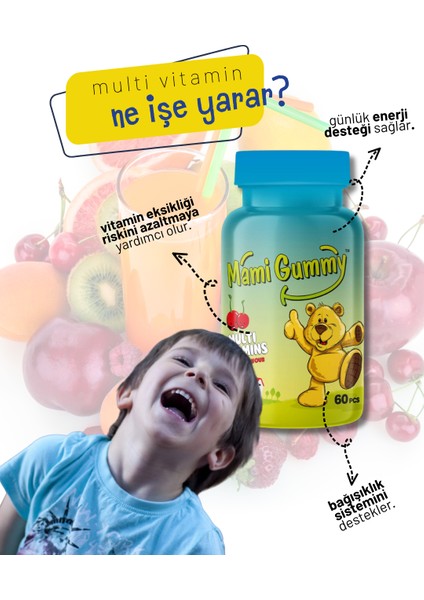 MamiGummy Kids Gummies Multivitamin 60 Adet Çiğnenebilir Gummy Jel Kiraz Aromalı modelleri