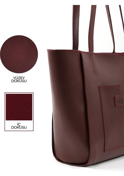 Bordo SHK255 Önü Cepli Fermuarlı Suni Deri Büyük Boy El, Kol ve Omuz Çantası