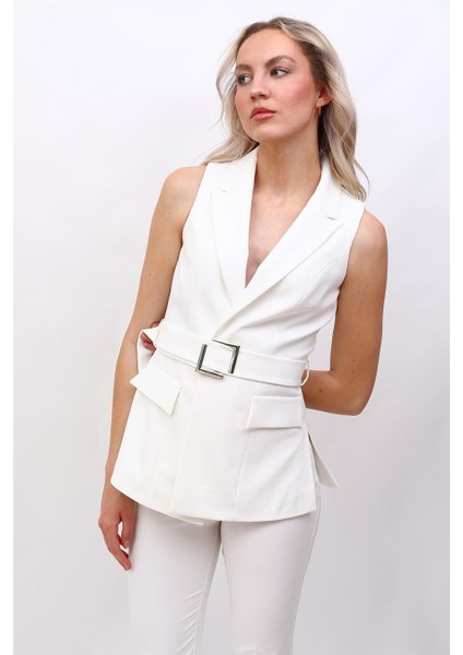 Erkek Yaka Yırtmaçlı Yelek-Beyaz modelleri