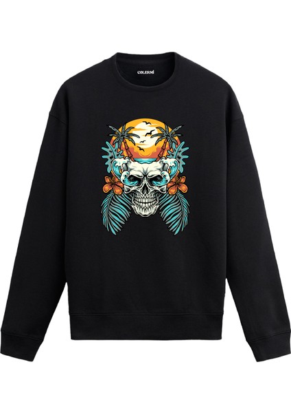 Tropik Temalı Kurukafa Tasarım Baskılı Unisex Sweatshirt