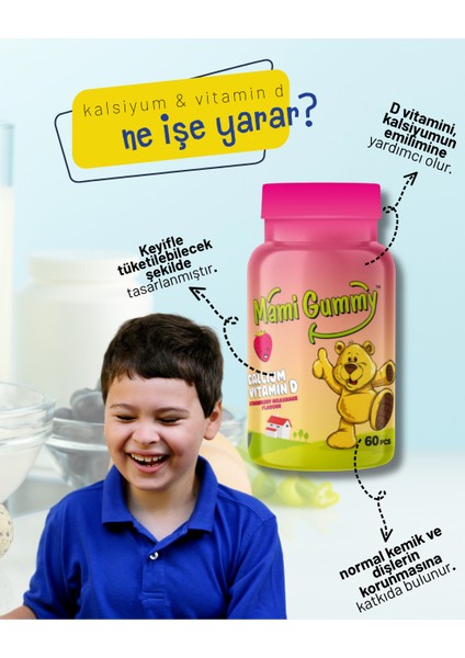 MamiGummy Kids Gummies D Vitamini ve Kalsiyum İçeren 60 Adet Çiğnenebilir Gummy Jel Çilek Aromalı modelleri