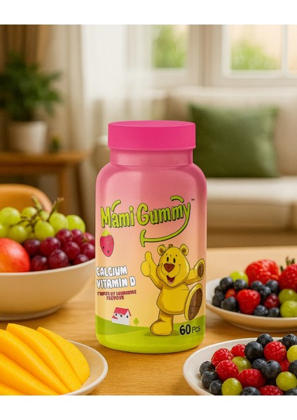 MamiGummy Kids Gummies D Vitamini ve Kalsiyum İçeren 60 Adet Çiğnenebilir Gummy Jel Çilek Aromalı fırsatları